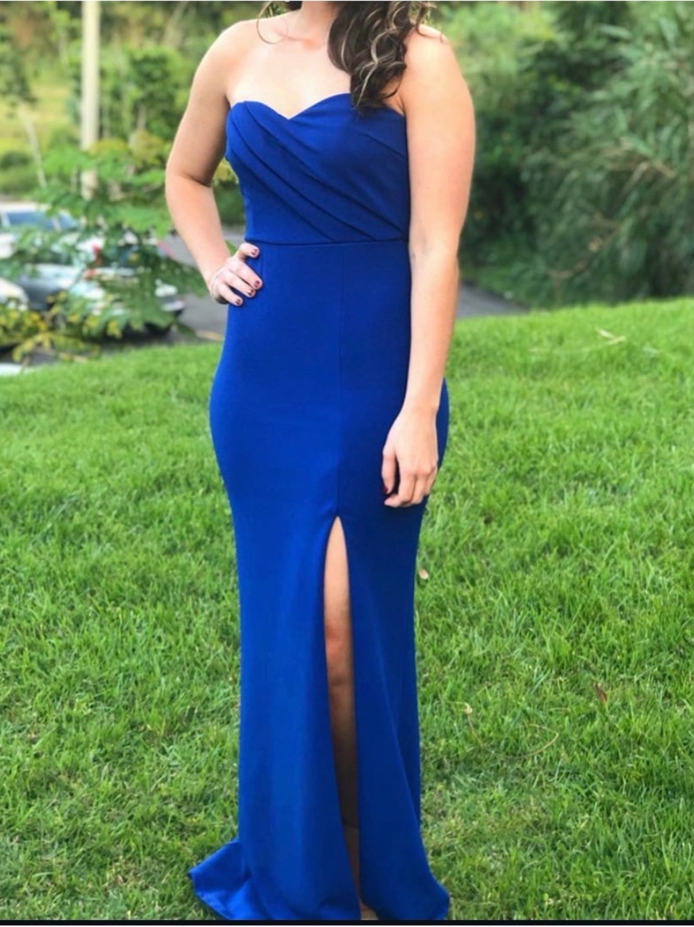 Strapless Royal Blue Evening Gown with Front Slit